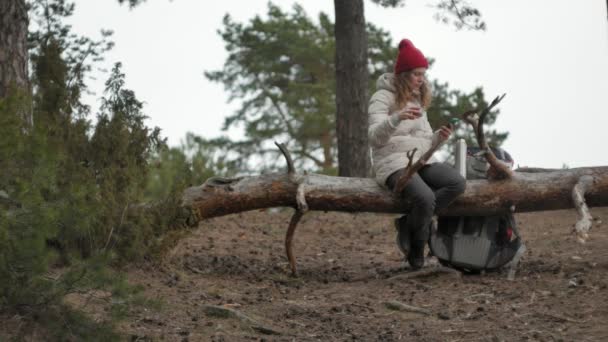 Een aantrekkelijke jonge vrouw in een rode hoed wandelingen door het bos in het vroege voorjaar met een grote toeristische rugzak, dranken thee uit een thermos — Stockvideo