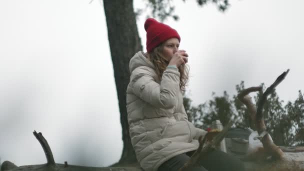 Una atractiva joven con un sombrero rojo camina por el bosque a principios de primavera con una gran mochila turística, bebe té de un termo — Vídeos de Stock