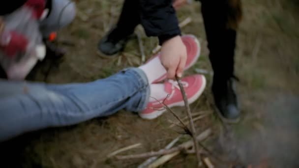 Счастливая семья туристов в путешествии. Мама и дети жарят зефир на костре возле палатки — стоковое видео