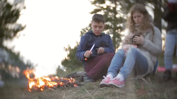 Glückliche Familie von Touristen auf einer Reise. Mutti und Kinder braten am Feuer neben dem Zelt Würstchen — Stockvideo