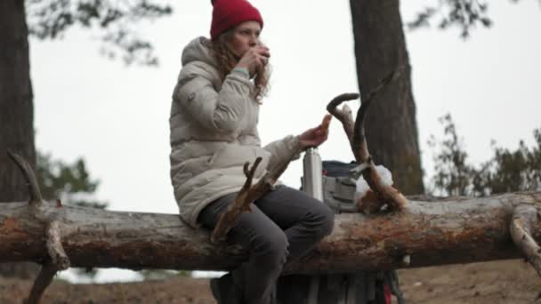 Een aantrekkelijke jonge vrouw in een rode hoed wandelingen door het bos in het vroege voorjaar met een grote toeristische rugzak, dranken thee uit een thermos — Stockvideo