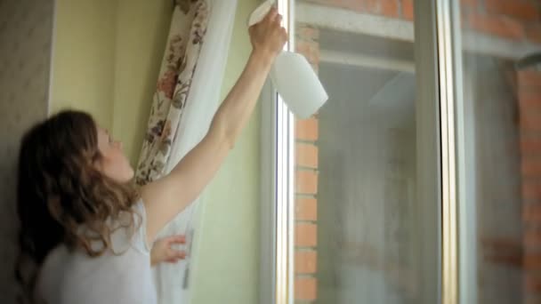 Chica atractiva lava ventanas en casa. Para limpiar la casa . — Vídeo de stock