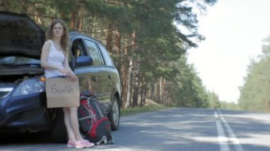 Yolda bir sırt çantası güneye kırık bir araba yakınındaki bir yazıt ile bir tabloda otostop kalan genç güzel kadın