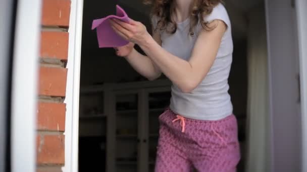 魅力的な女の子は、窓を家庭で洗います。家の中をきれいにする. — ストック動画