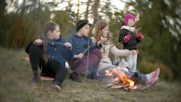 Família feliz de turistas em uma viagem. Mãe e crianças fritam marshmallows no fogo perto da tenda — Vídeo de Stock