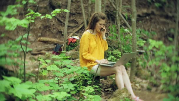 森の中、岩の上に座ってラップトップを持つ少女 — ストック動画
