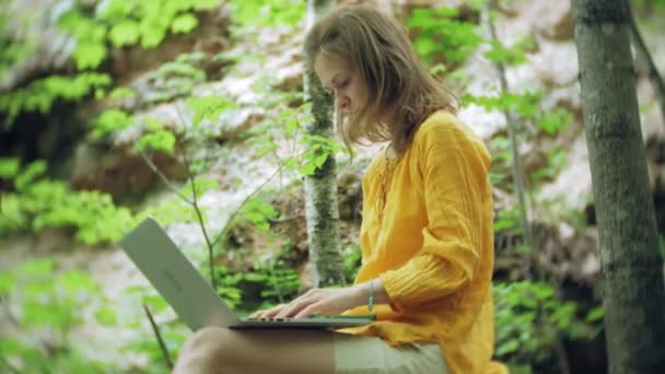 Mädchen mit Laptop sitzt auf einem Felsen im Wald — Stockvideo