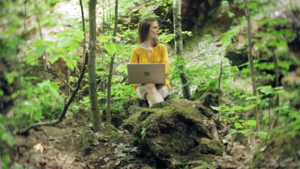 Mädchen mit Laptop sitzt auf einem Felsen im Wald — Stockvideo