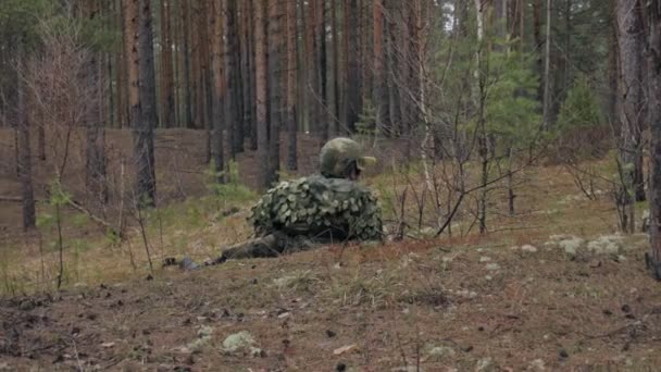 Soldiers in camouflage with combat weapons are being fired in the shelter of the forest, the military concept — Stock Video