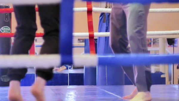 El entrenador lleva a cabo una batalla de entrenamiento con una kickboxer femenina en el ring — Foto de Stock