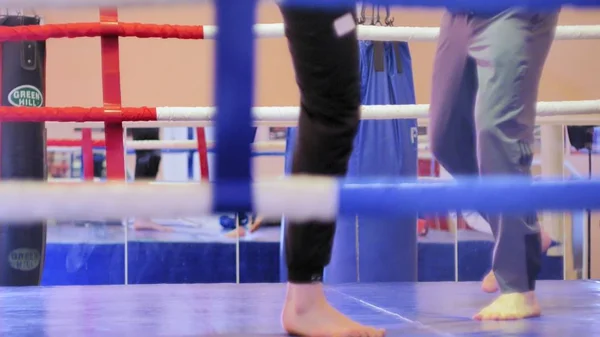 El entrenador lleva a cabo una batalla de entrenamiento con una kickboxer femenina en el ring —  Fotos de Stock