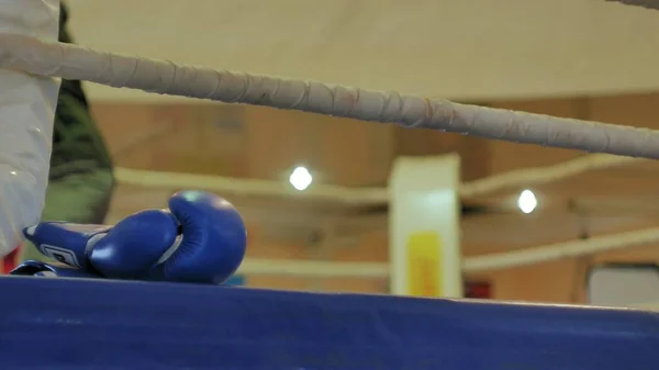 L'entraîneur mène une bataille d'entraînement avec une femme kickboxer dans le ring — Photo