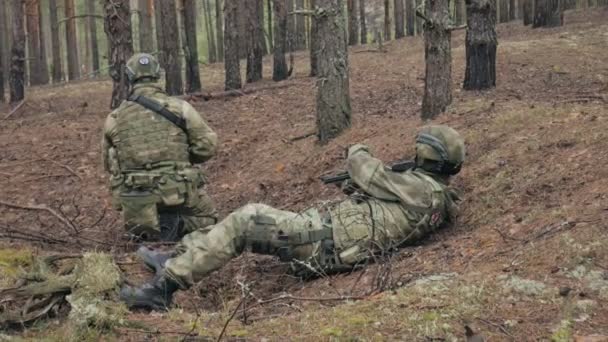 Vojáci v maskování s bojové zbraně střílí v úkrytu lesa, vojenský koncept — Stock video