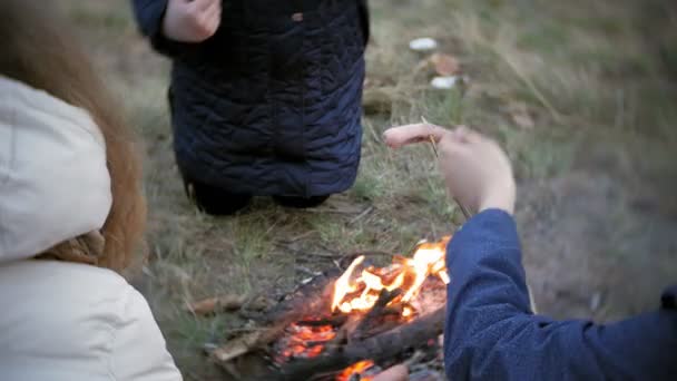 Happy family of tourists on a journey. Mom and children fry sausages on the fire near the tent — Stock Video