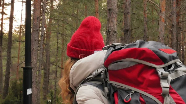 빨간 모자에는 매력적인 젊은 여자 대형 관광 배낭 이른 봄에서 숲 안내 — 스톡 사진