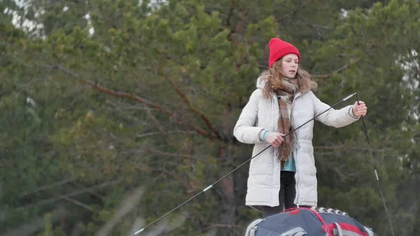 Atractiva joven turista en un sombrero rojo recoge una tienda de campaña turística cerca del bosque en la costa — Foto de Stock