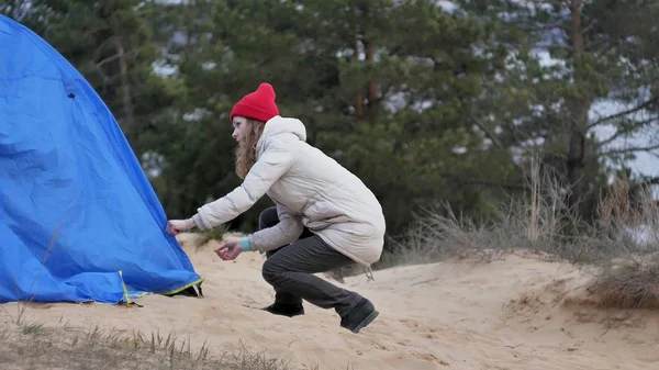 Привлекательная молодая туристка в красной шляпе собирает туристическую палатку возле леса на побережье — стоковое фото