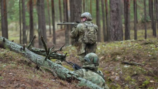 Soldados em camuflagem com armas de combate estão sendo disparados no abrigo da floresta, o conceito militar — Vídeo de Stock