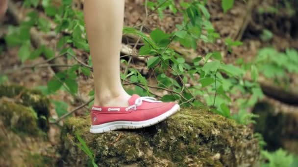 Passos a pé de caminhantes caminhando ao ar livre. pés caminhando em terreno rochoso — Vídeo de Stock