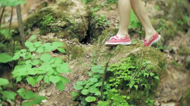 Foot steps of hiker hiking outdoors. walking feet on rocky terrain — Stock Video