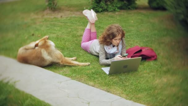 Жінка з ноутбуком відпочиває на газоні на галявині в прекрасному зеленому парку зі своїм собакою. Молода багаторічна жінка в дендропарку працює за ноутбуком. Технології на відкритому повітрі — стокове відео