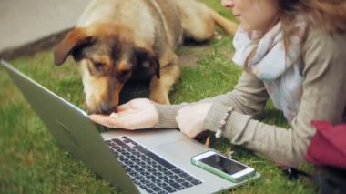 Bir kadın bir dizüstü bilgisayar ile güzel bir yeşil parkta çim çimenlikte köpeğiyle rahatlatır. Bir genç çok yıllık kadında bir dizüstü bilgisayar çalışan bir botanik bahçesi. Açık havada teknoloji