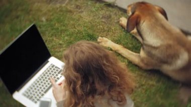 Bir kadın bir dizüstü bilgisayar ile güzel bir yeşil parkta çim çimenlikte köpeğiyle rahatlatır. Bir genç çok yıllık kadında bir dizüstü bilgisayar çalışan bir botanik bahçesi. Açık havada teknoloji