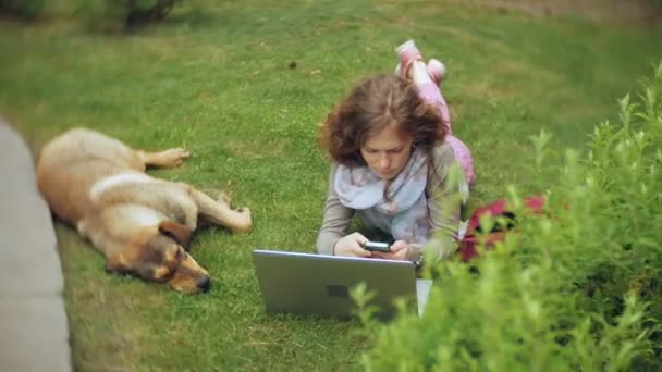 En kvinna med en laptop slappnar på en gräsmatta i en vacker grön park med sin hund. En ung perenn kvinna i ett arboretum som arbetar bakom en laptop. Teknik utomhus — Stockvideo