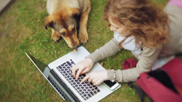 En kvinna med en laptop slappnar på en gräsmatta i en vacker grön park med sin hund. En ung perenn kvinna i ett arboretum som arbetar bakom en laptop. Teknik utomhus — Stockvideo