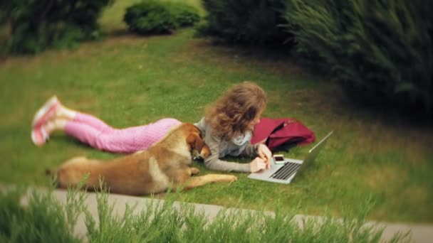 Žena Notebookem Relaxuje Trávník Krásném Zeleném Parku Svým Psem Mladá — Stock video