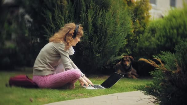 Una donna con un computer portatile si rilassa su un prato erboso in un bellissimo parco verde con il suo cane. Una giovane donna perenne in un arboreto che lavora dietro un portatile. Tecnologia all'aria aperta — Video Stock