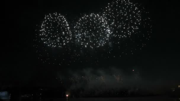 Hermoso espectáculo de fuegos artificiales en el cielo nocturno — Vídeos de Stock