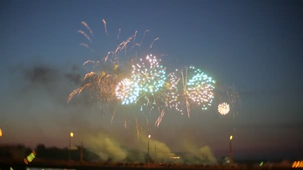 Hermoso espectáculo de fuegos artificiales en el cielo nocturno — Vídeos de Stock