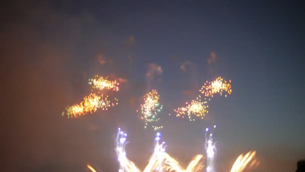 Hermoso espectáculo de fuegos artificiales en el cielo nocturno — Vídeos de Stock