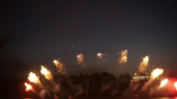 Fogos de artifício familiares irreconhecíveis. As pessoas estão assistindo fogos de artifício 4k — Vídeo de Stock