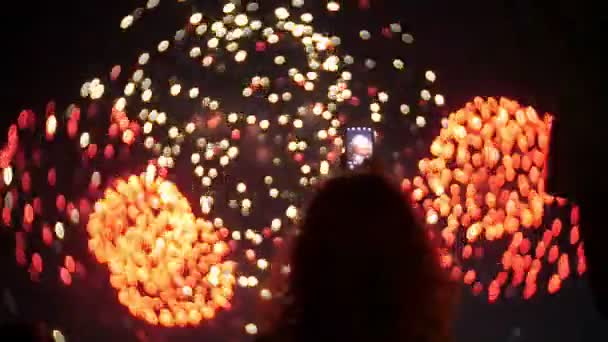 Nie do poznania fajerwerków rodziny. Ludzie oglądają program fireworks 4k — Wideo stockowe