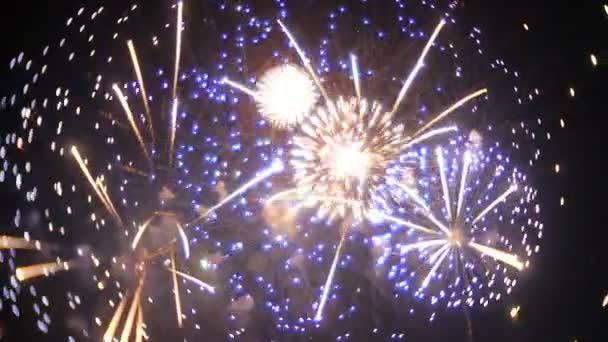 Mooie vuurwerkshow in de nachtelijke hemel — Stockvideo
