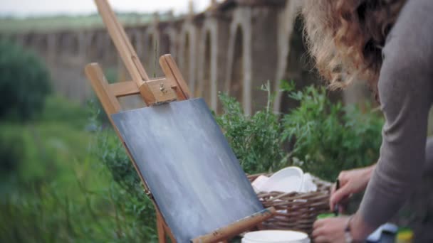 Giovane donna disegna sul cavalletto vernici e pennello vecchio ponte d'epoca — Video Stock