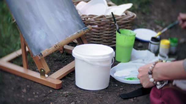 Молода жінка малює на мольбертах і пензлем старий старовинний міст — стокове відео