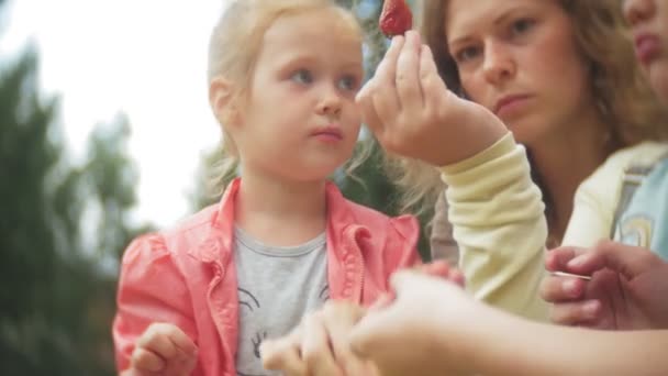 Muchacha divertida de los niños comiendo fresas en parque — Vídeos de Stock