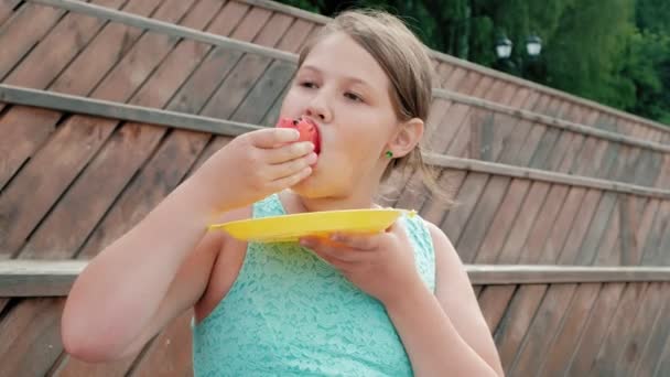 Glückliche Familie bei einem Picknick Wassermelone essen. — Stockvideo