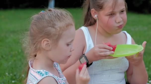 Glückliche Familie bei einem Picknick Wassermelone essen. — Stockvideo