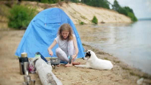 女性はバック グラウンドにテントとキャンプでボウラーの料理します。側で、犬の散歩、 — ストック動画