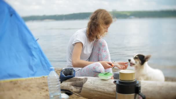 Vrouwen koken voedsel in bowler in kamperen met de tent op de achtergrond. de hond loopt langs de kant — Stockvideo