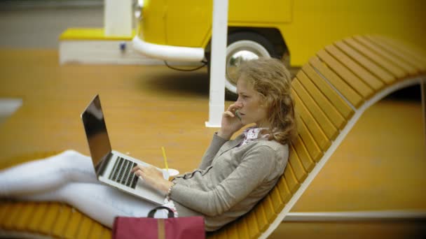 Giovane donna con frullato e laptop all'aperto su una comoda panchina creativa — Video Stock
