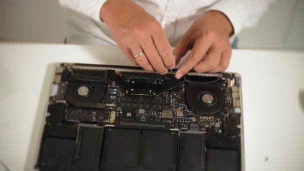 Bir adam dizüstü bilgisayarı tamir ediyor. Bilgisayar tamiri kavramı. Dizüstü bilgisayarı tornavidayla tamir et. Ana kartın donanımının bakımı. Disk tutucu, bilgisayar onarımı — Stok video
