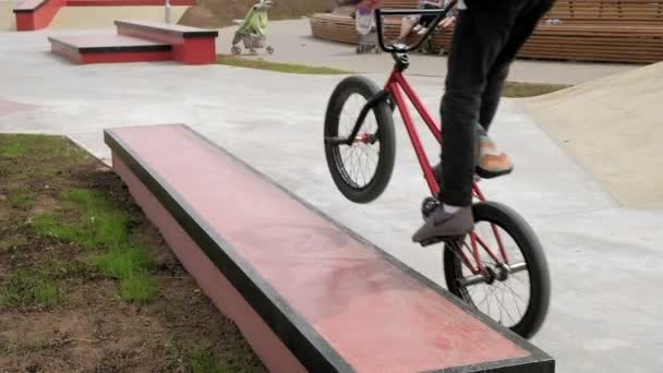 A boy is riding BMX cycling tricks in a skateboard park on a sunny day. Super Slow Motion — Stock Video