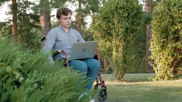 Um deficiente está sentado em uma cadeira de rodas e trabalhando em um laptop no parque — Vídeo de Stock