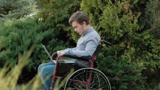 Un hombre discapacitado está sentado en una silla de ruedas y trabajando en un portátil en el parque — Vídeo de stock