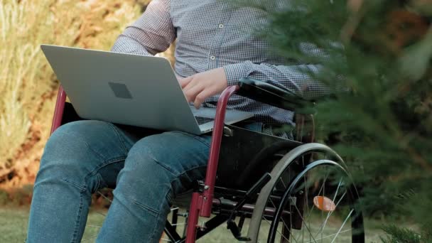 Um deficiente está sentado em uma cadeira de rodas e trabalhando em um laptop no parque — Vídeo de Stock